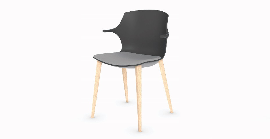 chaise 4 pieds bois, coque polypro, placet, accoudoirs